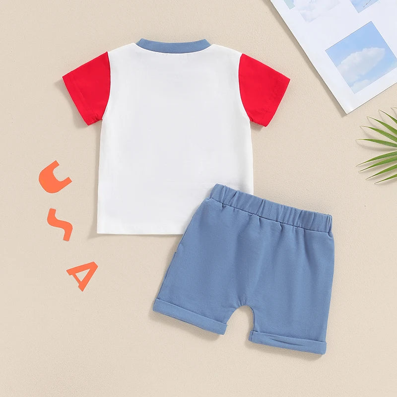 Baby Toddler Boys 2Pcs USA 4th of July Outfit Letter Flag Embroidery Contrast Color Short Sleeve Top and Shorts Clothes Set