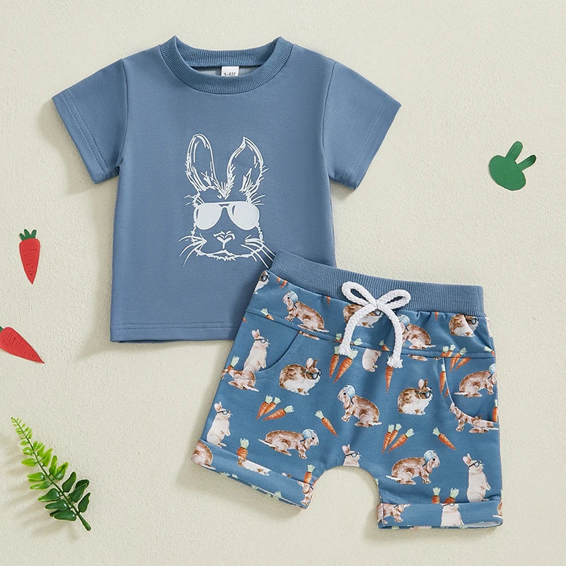 Baby Toddler Boys Girls 2Pcs Easter Outfit Bunny Rabbit Short Sleeve Shirt Spring Cute Clothes Shorts Set