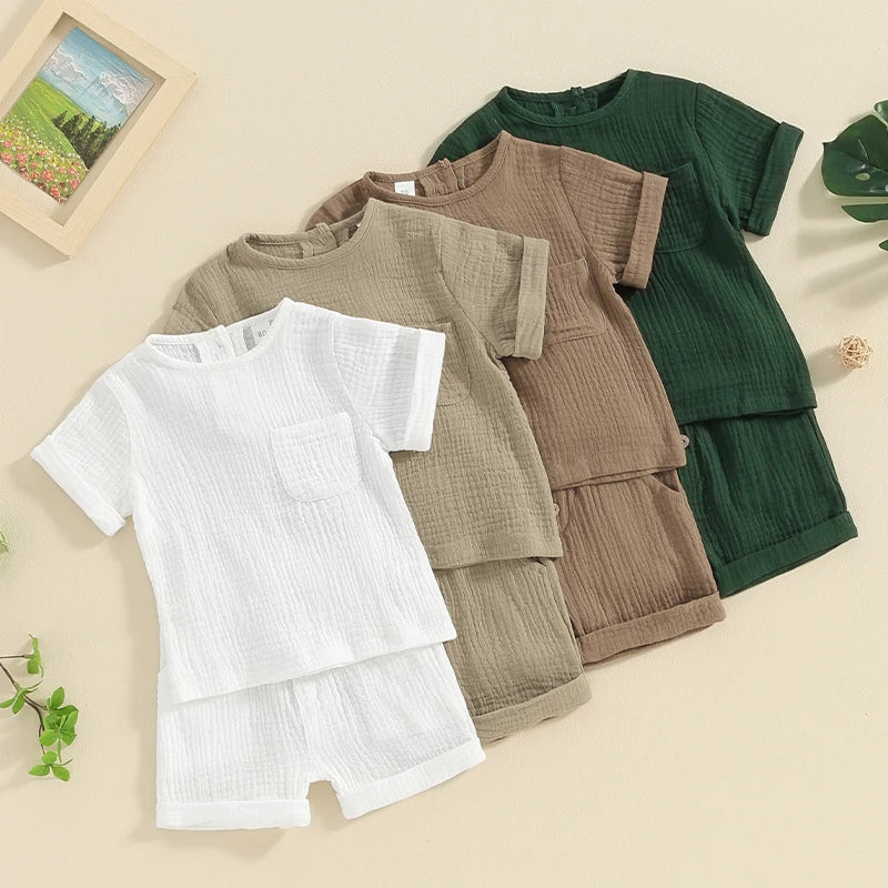 Baby Toddler Boys Girls 2Pcs Summer Clothes Set Solid Cotton Linen Pocket Short Sleeve Top + Button Pocket Shorts Beach Casual Outfit