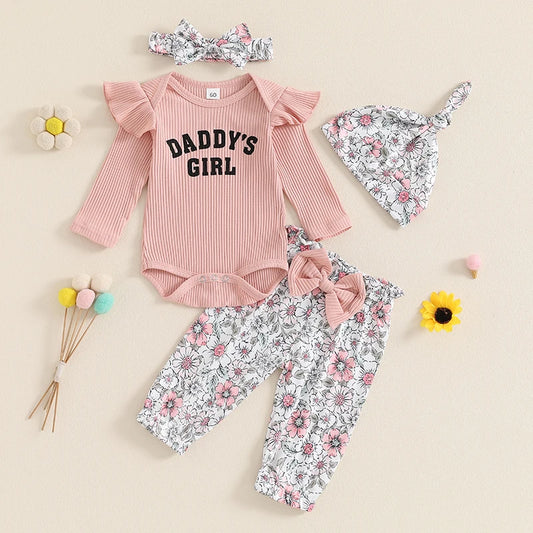 Baby Girls 4Pcs Set Daddy's Girl Letter Print Long Sleeve Ruffled Ribbed Romper Floral Flower Print Pants Hat Headband Outfit