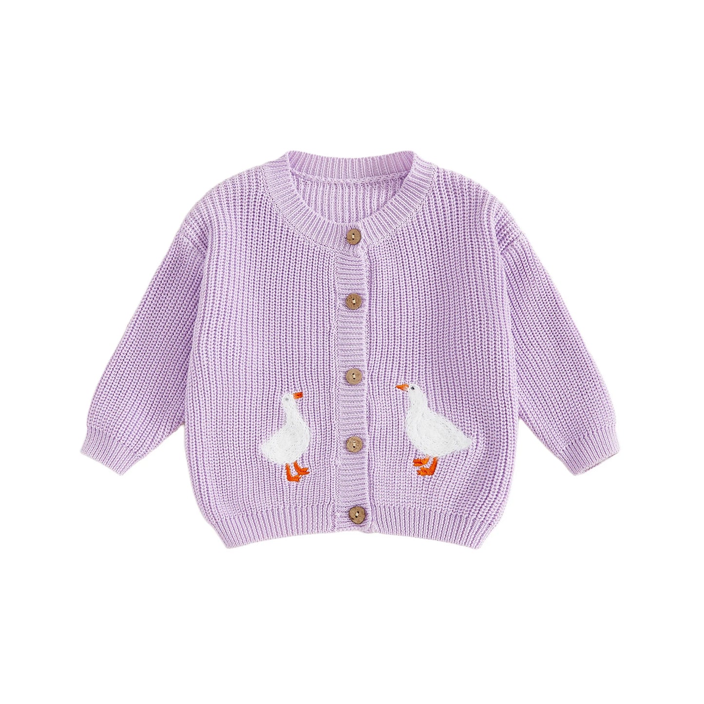 Toddler Kids Girl Knit Sweater Long Sleeve Round Neck Goose Embroidery Button Down Cardigan Tops