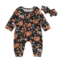 Load image into Gallery viewer, Baby Girl 2 Pcs Long Sleeve Pumpkin Flower Print Jumpsuit Romper Headband Halloween Outfit
