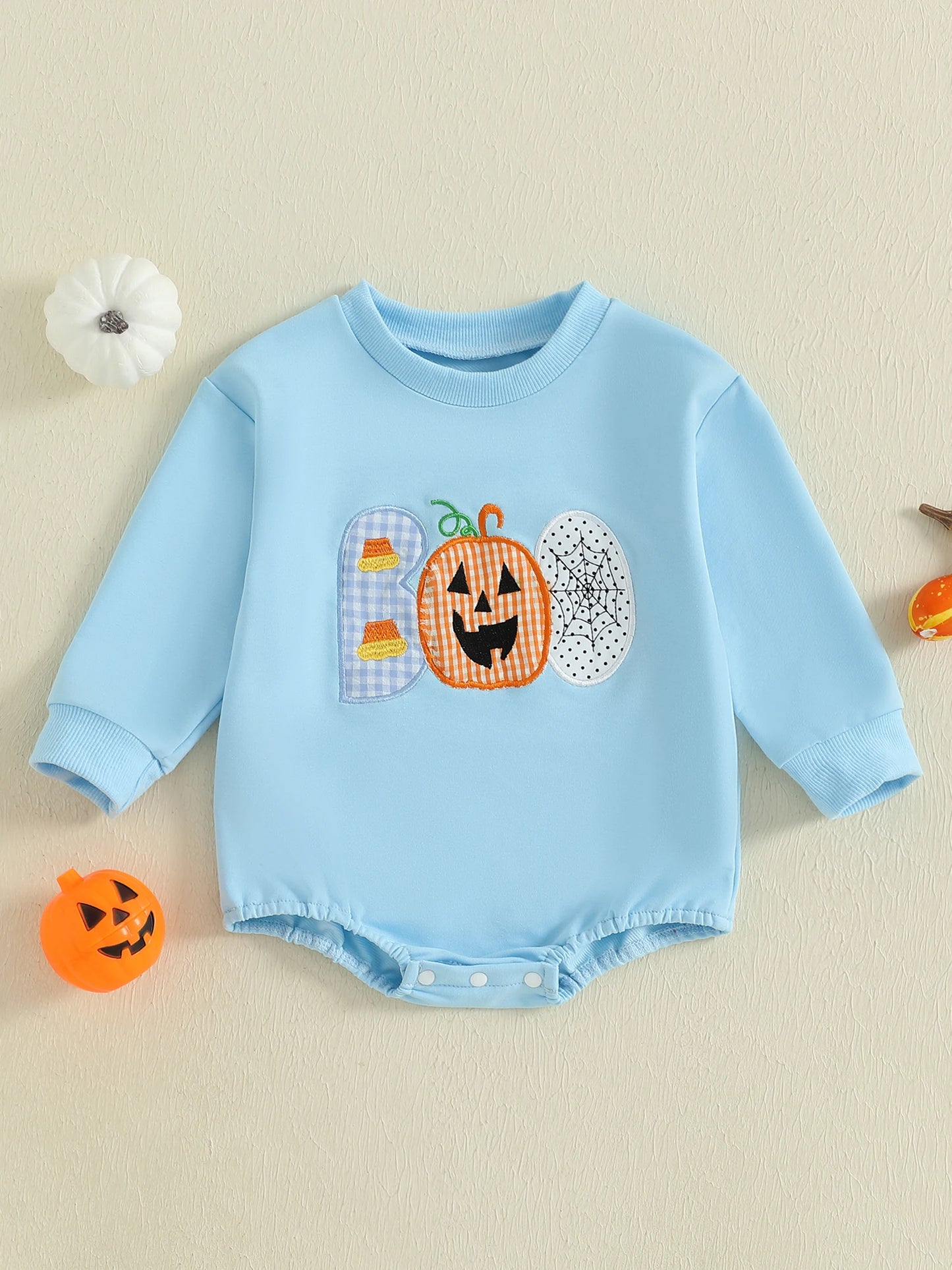 Baby Girls Boys Bubble Romper Halloween Clothes Spider Web Pumpkin Embroidery Letters Boo Long Sleeve Bodysuit Jumpsuit