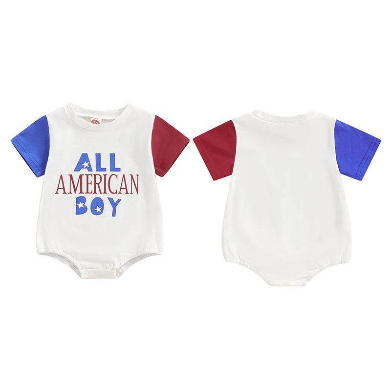 Baby Boys All American Boy Jumpsuit Casual 4th of July Letter Print Short Sleeve Romper