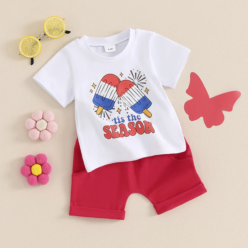 Toddler Baby Boys Girls 2Pcs 4th of July Short Sleeve Tis The Season Letter Popsicle Print Top Shorts Set