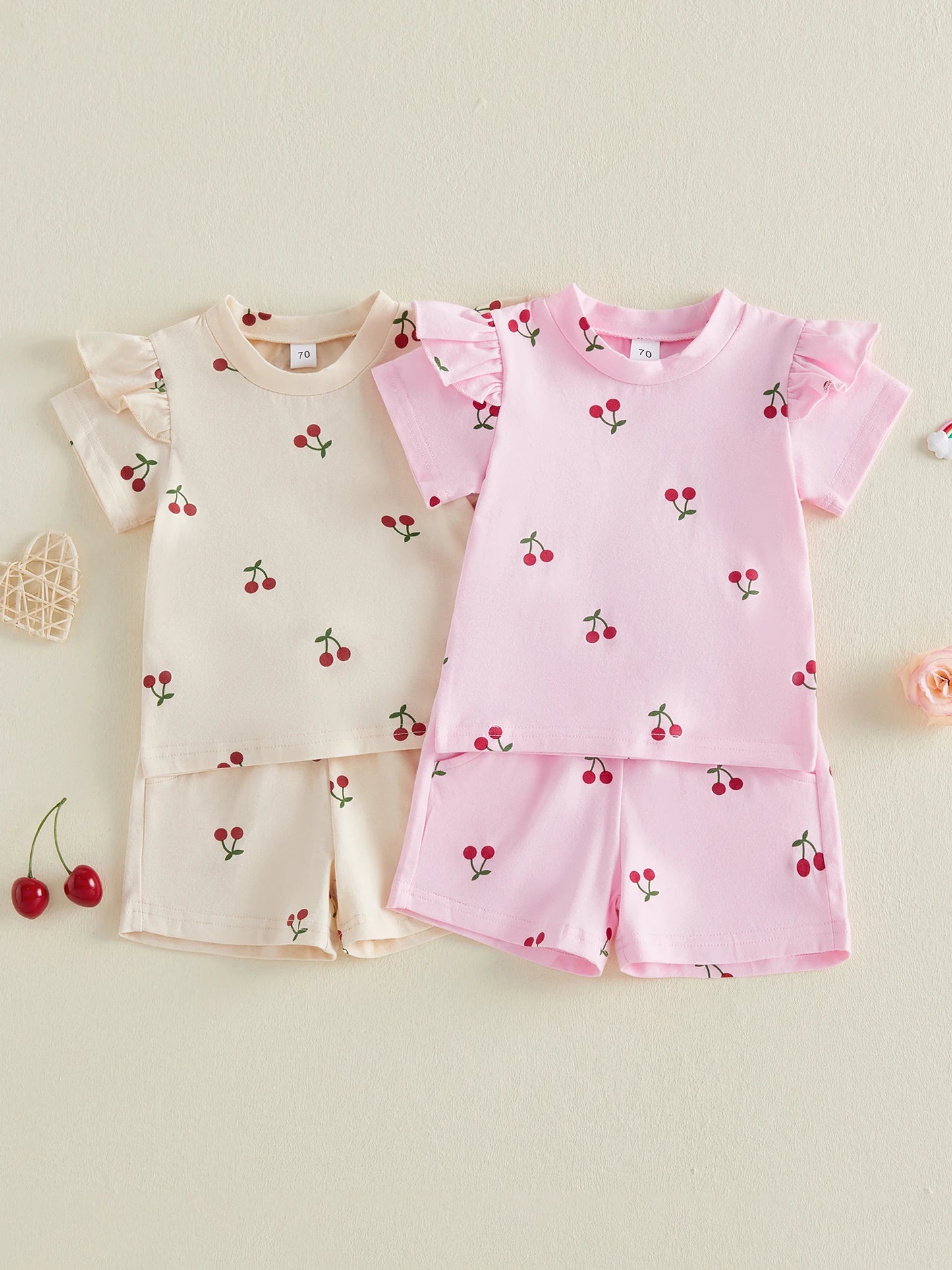 Baby Toddler Girls 2Pcs Summer Outfit Cherry Print Crew Neck Short Sleeve Top Elastic Waist Shorts Clothes Set