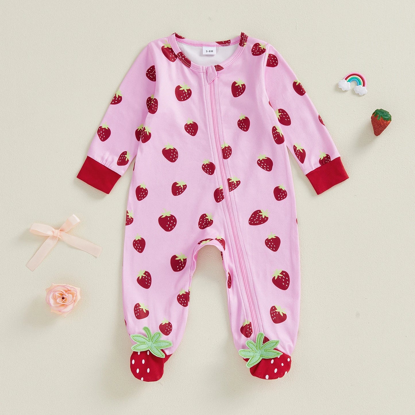 Baby Girls Zipper Romper Long Sleeve Crew Neck Strawberry Print Footed Spring Jumpsuit