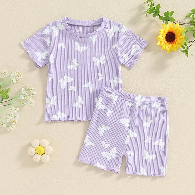 Toddler Baby Girl 2Pcs Spring Summer Flower Butterfly Print Clothes Ruffle Ribbed Short Sleeve Tops + Matching Shorts Outfit Set