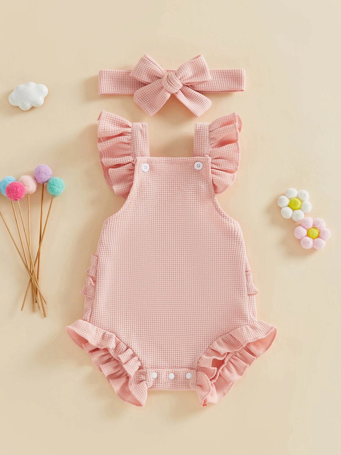 Baby Girl 2Pcs Spring Summer Outfits Ruffle Sleeveless Solid Color Romper with Headband Set