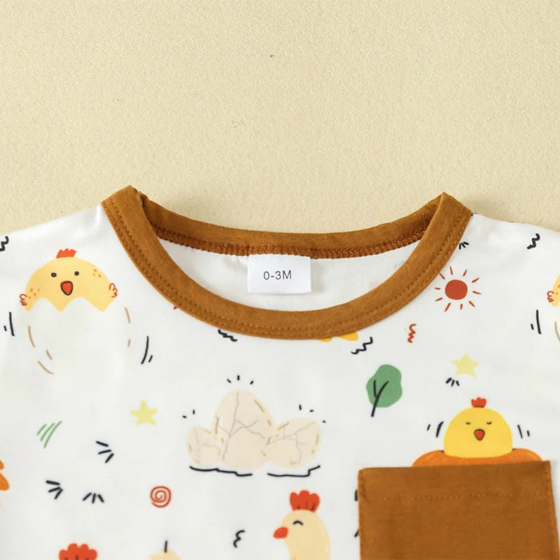 Baby Toddler Boy Girl 2Pcs Spring Summer Clothes Cute Farm Animals Chicken Chick Tractor Print Outfit Set Short Sleeve Cartoon Top and Shorts