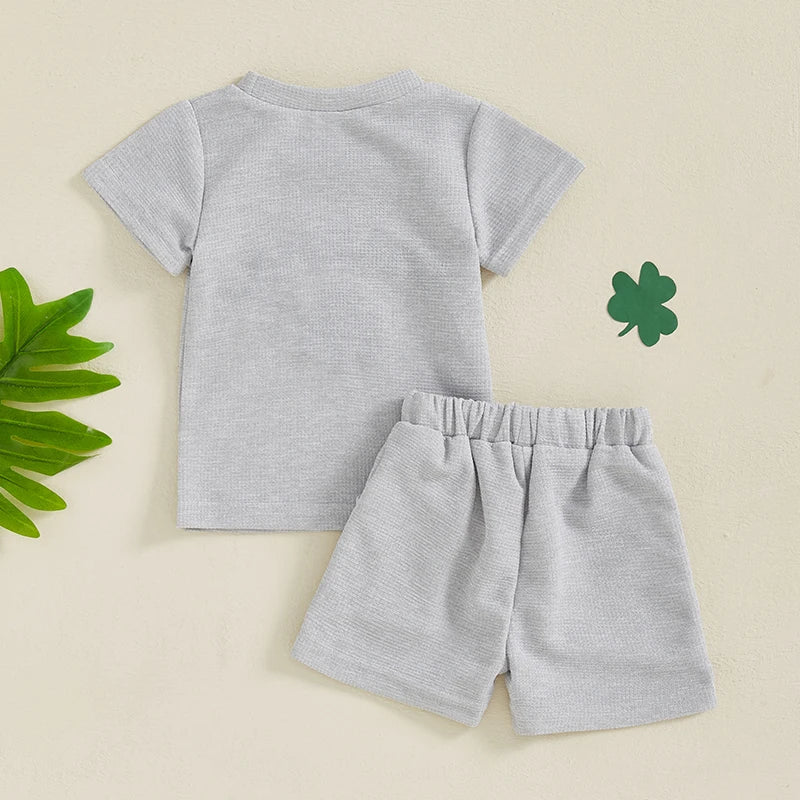 Baby Toddler Boys Girls 2Pcs St. Patrick's Day Clover Charmer Waffle Short Sleeve Shirt Top Spring and Shorts Set Clothes