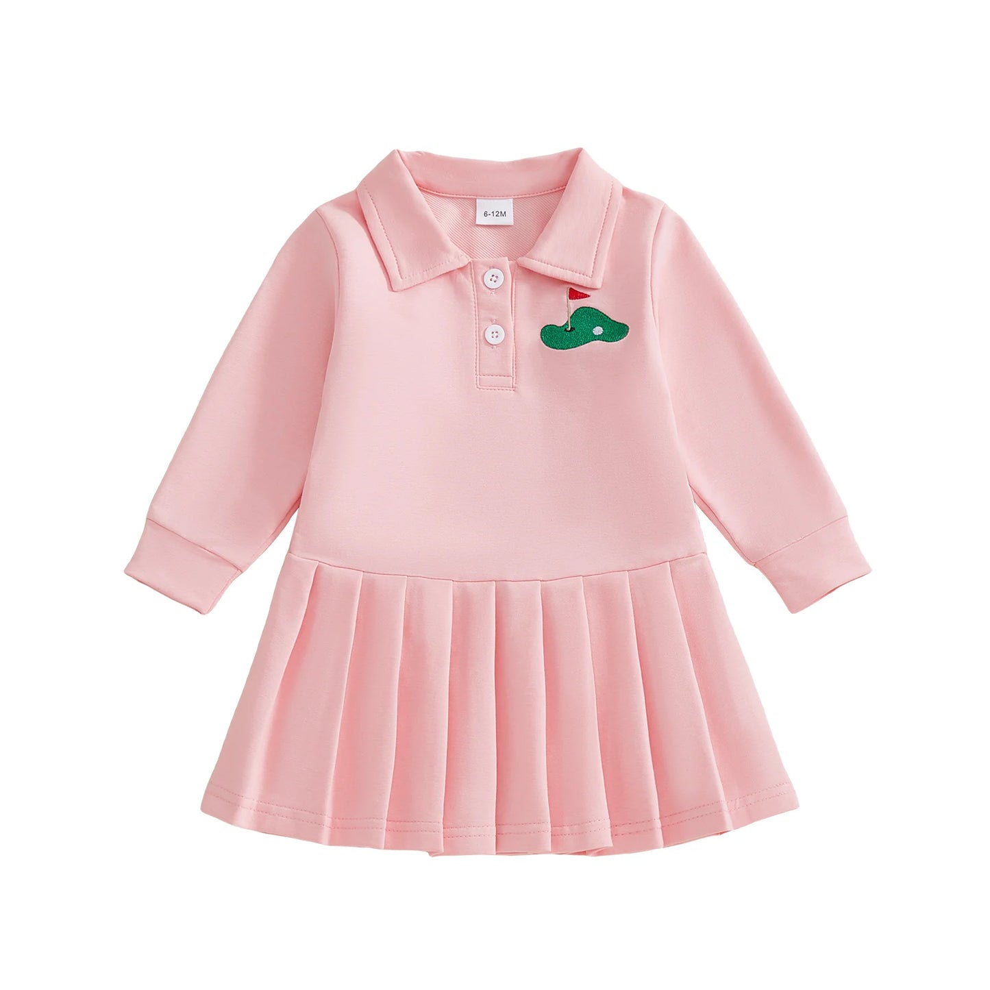 Baby Toddler Girls Casual Dress Long Sleeve Button Closure Embroidery Golf Cart Pleated Fall Dress