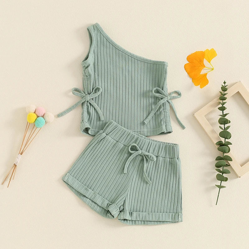 Baby Toddler Girls 2Pcs Summer Outfit Solid Color One Shoulder Strap Drawstring Ribbed Tank Top Shorts Matching Set