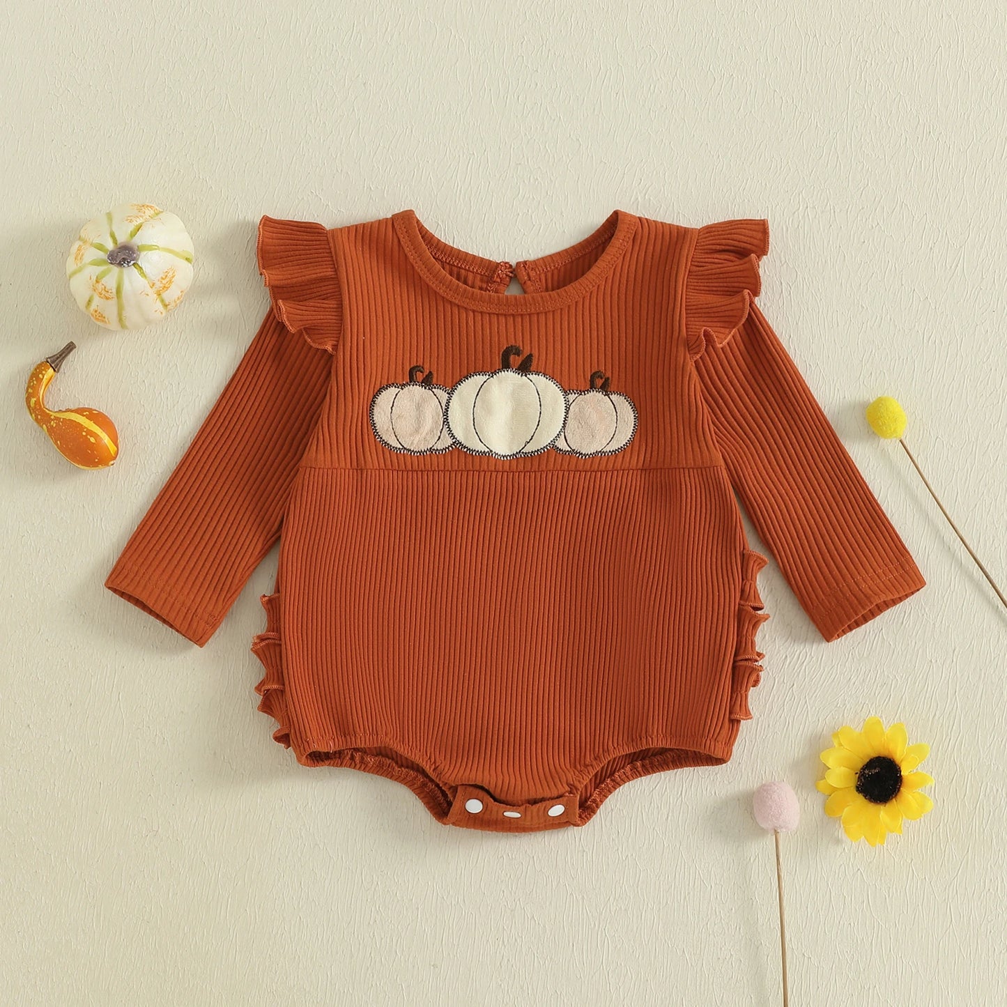 Baby Girl Pumpkin Embroidered Jumpsuit Halloween Fall Long Sleeve Round Neck Ruffle Romper