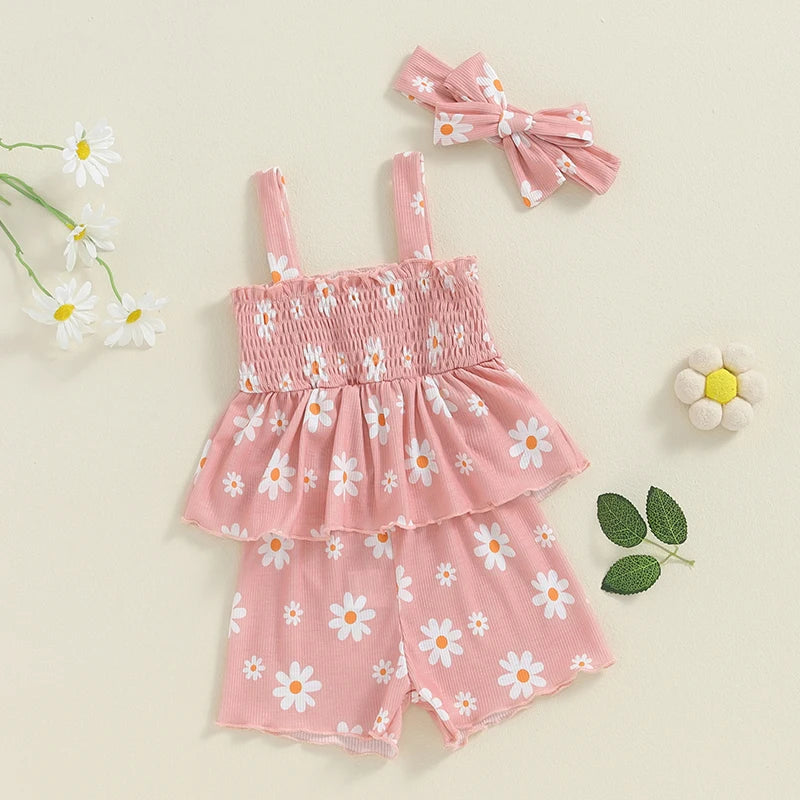 Baby Toddler Girls 3Pcs Outfit Sleeveless Daisy Flower Print Baby Doll Tank Top Shorts Headband Set