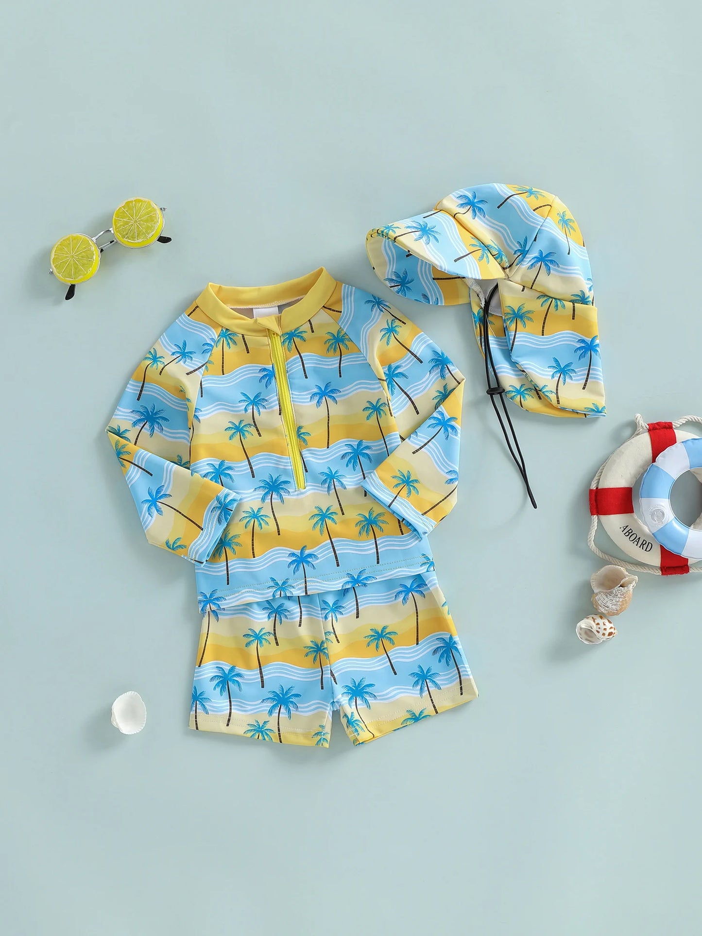 Baby Toddler Boys 3Pcs Rash Guard Swimsuit Set Palm Tree Print Long Sleeve Round Neck Top and Shorts Hat Set