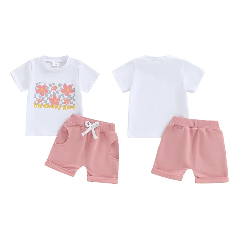 Baby Girl 2Pcs Birthday Girl One Year Old Flower Letter Print Short Sleeve Top Elastic Waist Shorts Outfit Set