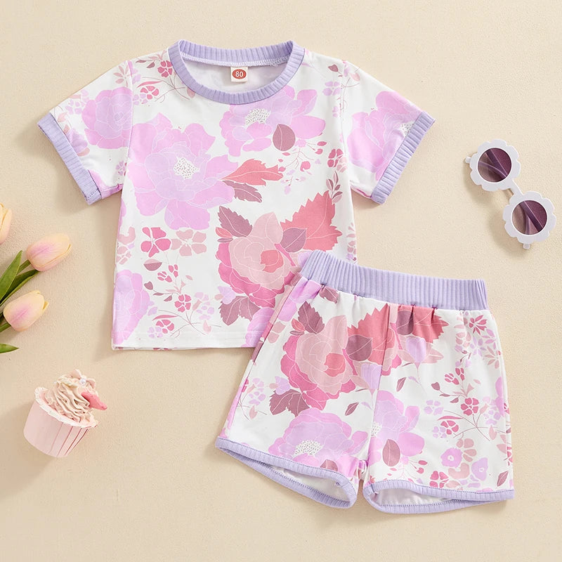 2024-04-02 Lioraitiin 6M-5Y Kid Baby Girls Summer Shorts Sets Short Sleeve Crewneck Floral Print Tops Shorts Sets