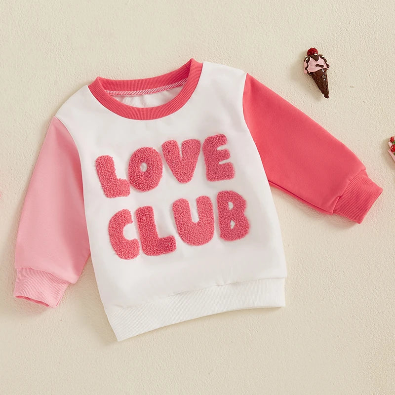 Baby Toddler Kids Girls LOVE CLUB Valentine's Day Letter Embroidered Contrast Color Long Sleeve O-Neck Casual Top