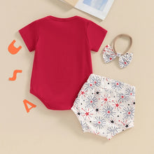 Load image into Gallery viewer, Baby Girl 3Pcs Little Firecracker 4th of July Clothes Set Short Sleeve Letters Print Romper with Fireworks Print Shorts Hairband Headband Bow Outfit
