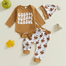 Load image into Gallery viewer, Baby Boys Girls 3Pcs Fall Gobble Thanksgiving Outfit Long Sleeve Letter Print Romper Turkey Print Pants Hat Set
