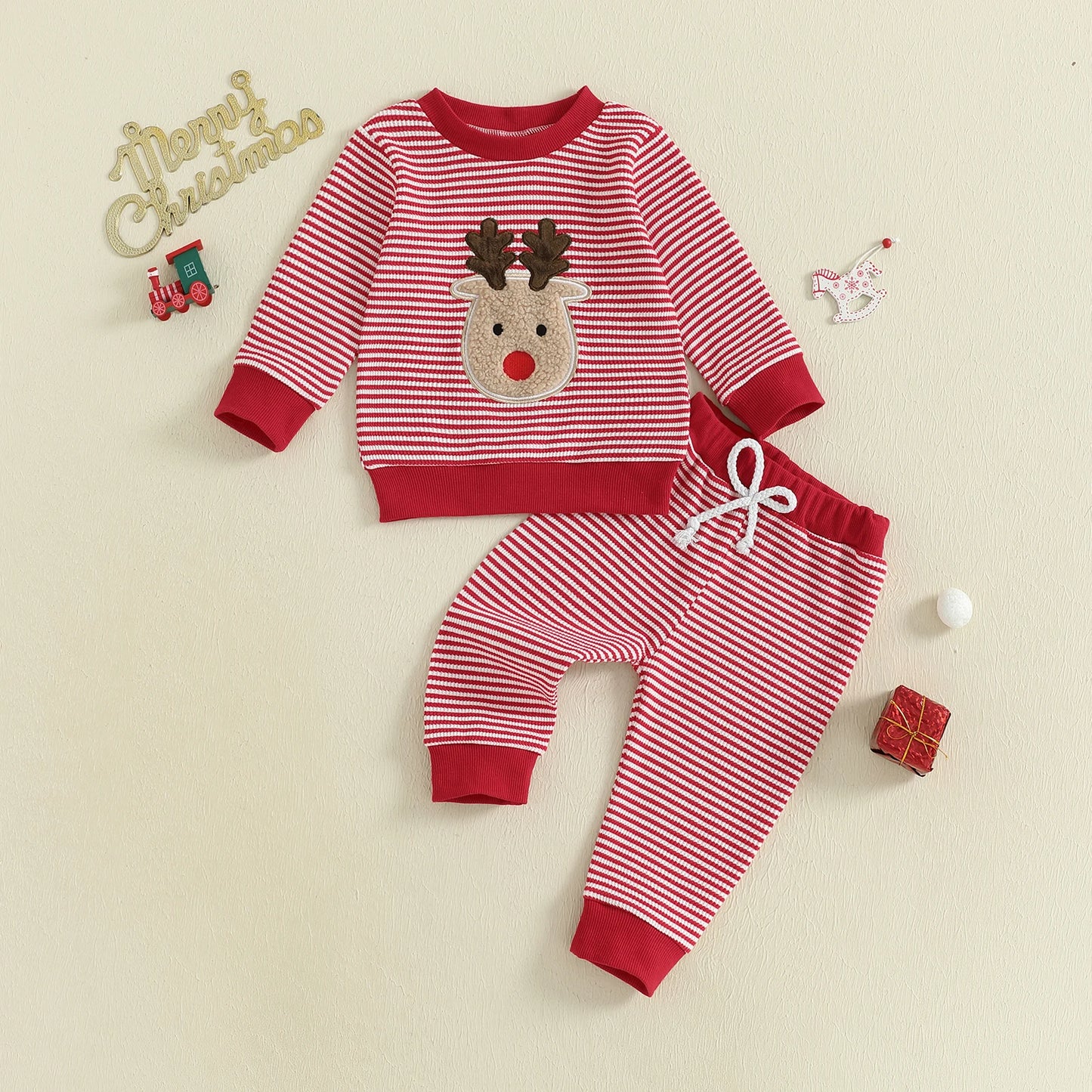 Baby Toddler Boys Girls 2Pcs Christmas Outfit Reindeer Embroidery Stripe Long Sleeve Round Neck Pullover Top + Elastic Waist Long Pants Jogger Set