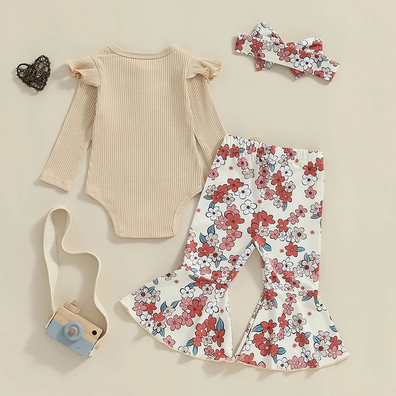 Baby Girls 3Pcs Fall Outfit Ruffle Ribbed Long Sleeve Romper Flower Flare Pants Tie Headband Set