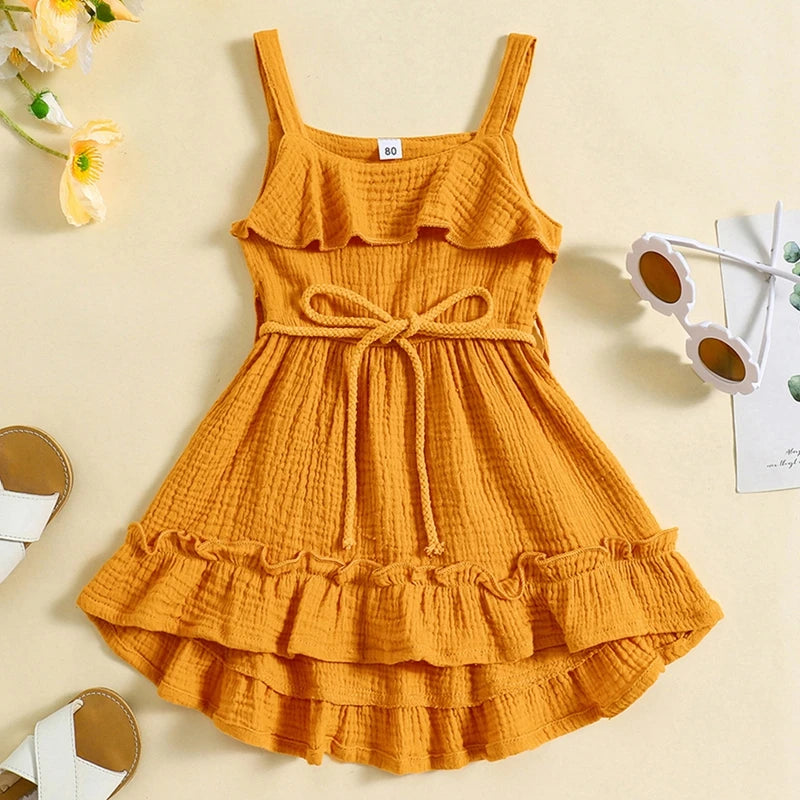 Baby Toddler Girls Summer Dress Casual Sleeveless Tank Square Neck Tie Belt A-Line Dress