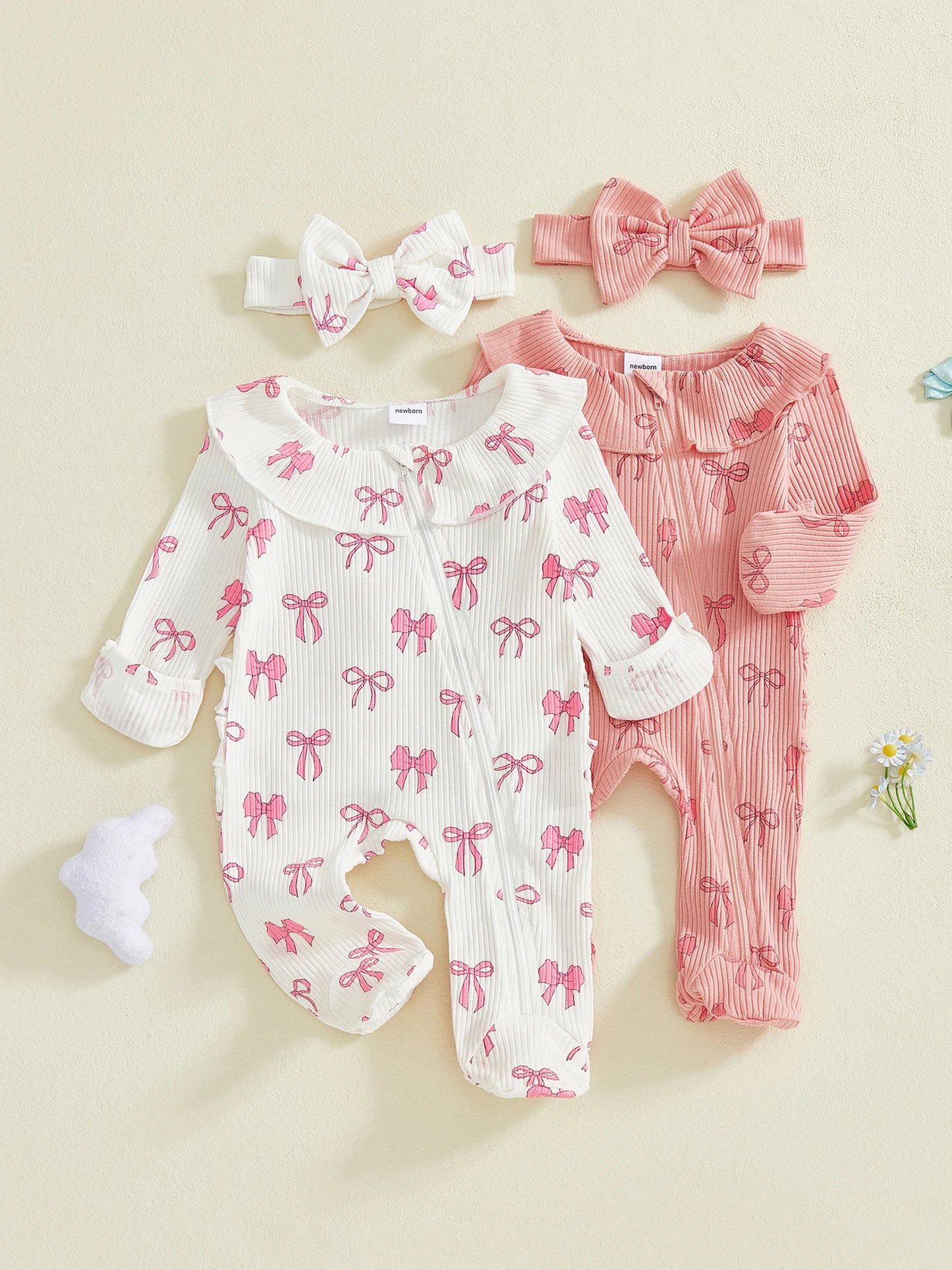 Baby Girls 2Pcs Outfits Cute Long Sleeve Round Neck Bow Print Full Length Footed Jumpsuit with Bow Headband Set
