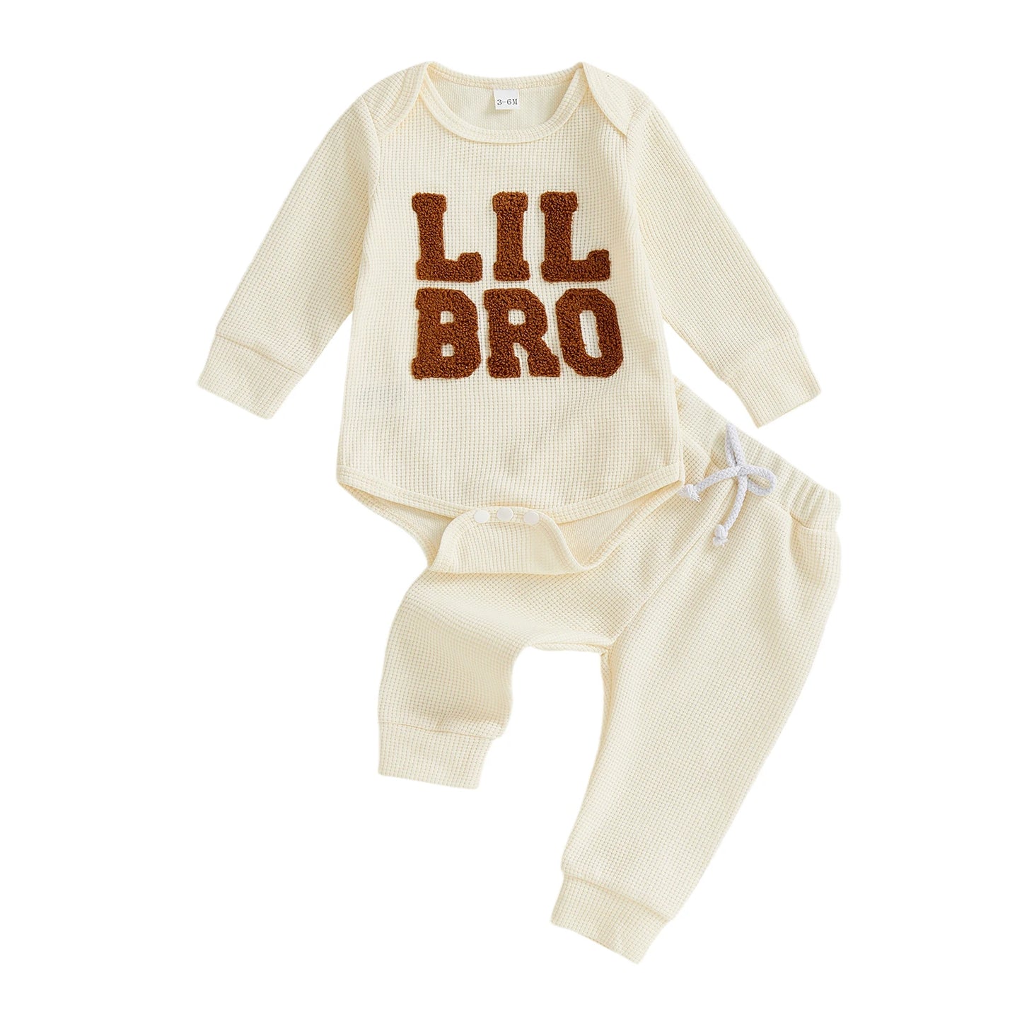 Baby Boy 2Pcs Lil Bro Outfit Waffle Letter Embroidered Ribbed Crew Neck Long Sleeve Romper and Jogger Pants 2 Pcs Set