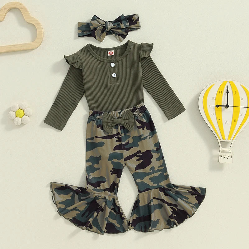 Baby Girls 3Pcs Fall Outfit Long Sleeve Ribbed Solid Color Romper Camouflage Print Flared Long Pants Headband Set