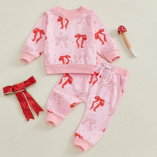 Baby Toddler Girls 2Pcs Fall Outfit Bow Print Long Sleeve Top and Elastic Pants Jogger Set