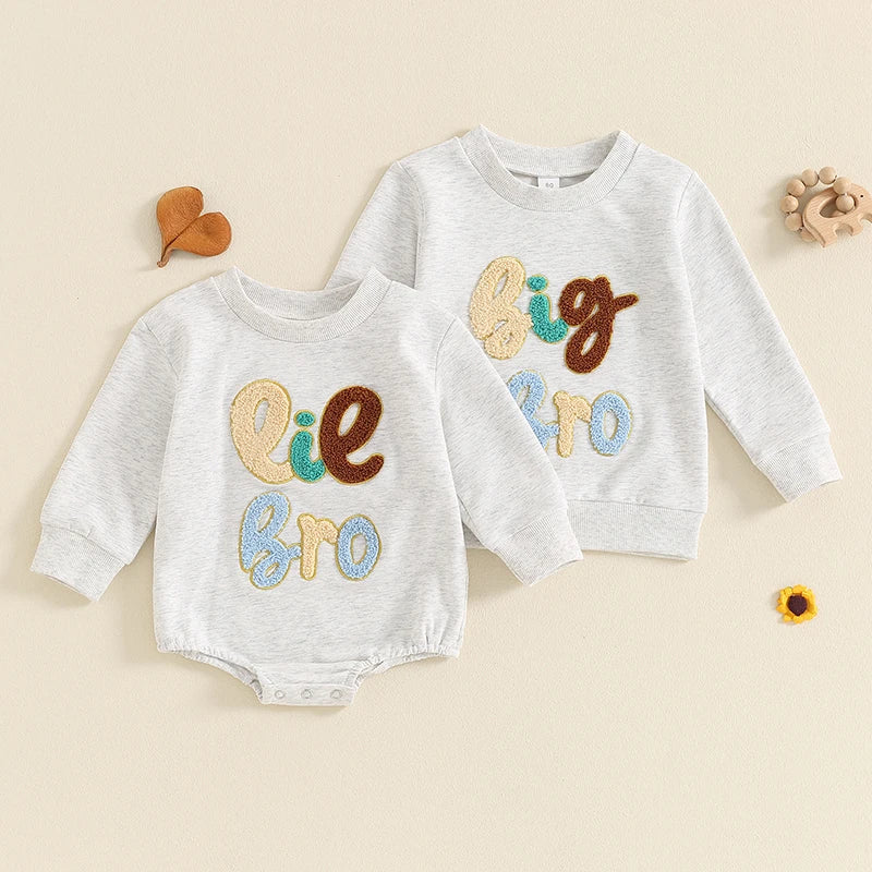 Baby Toddler Boys Big Bro Fuzzy Letter Embroidery Round Neck Long Sleeve Pullover Fall Top