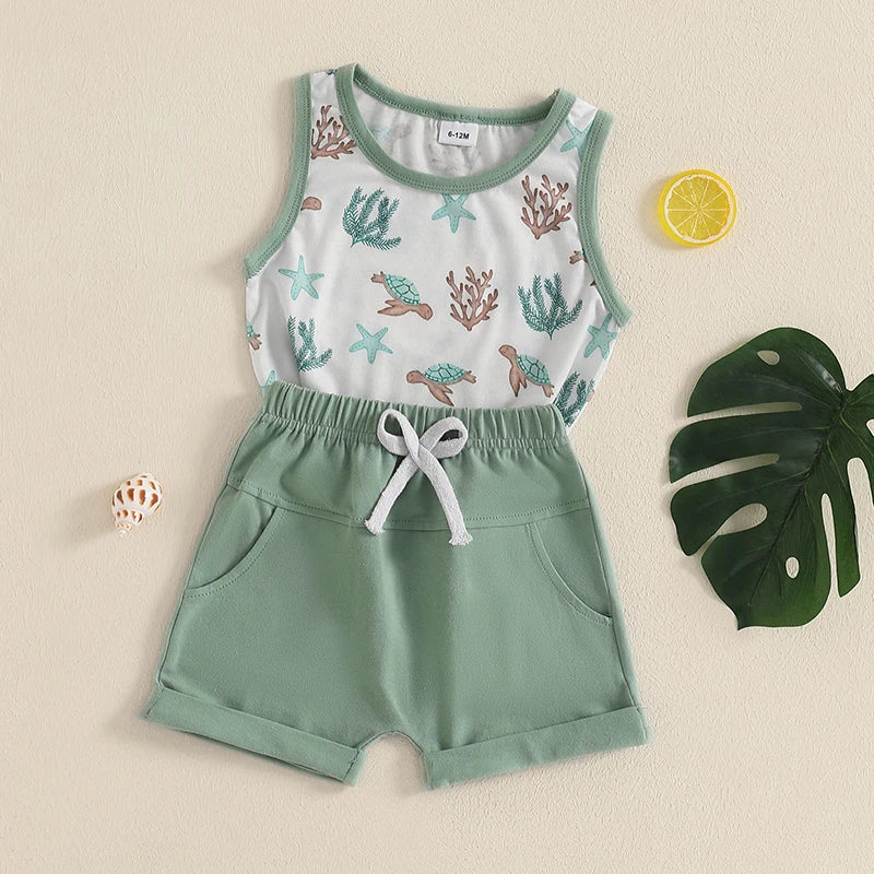 Baby Toddler Boys 2Pcs Summer Clothes Sleeveless Pattern Sea Turtles Palm Tree Waves Print Tank Top Solid Shorts Set Beach Outfit