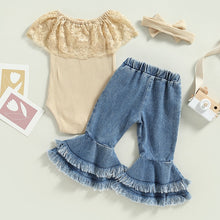 Load image into Gallery viewer, Infant Baby Girls 3Pcs  Tank Top Lace Romper with Bell Bottom Flare Pants and Bow Outfit
