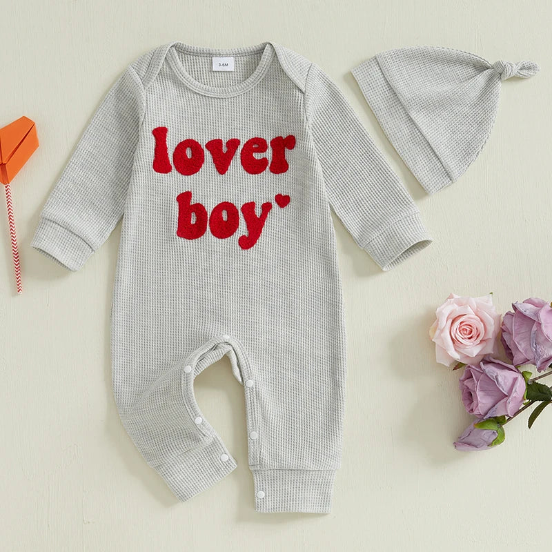 Baby Boy 2Pcs Lover Boy Romper Letter Heart Embroidery Valentines Long Sleeve Full Length Jumpsuit with Hat Valentine's Day Outfit Set