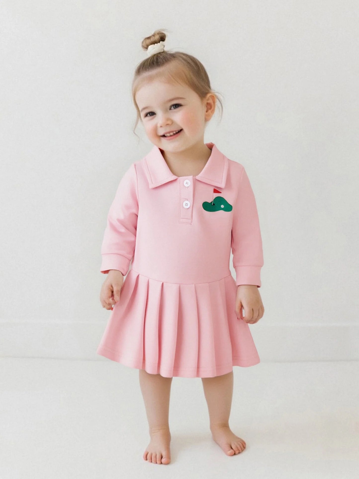 Baby Toddler Girls Casual Dress Long Sleeve Button Closure Embroidery Golf Cart Pleated Fall Dress