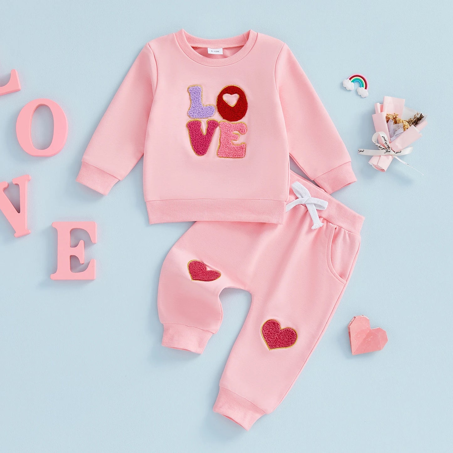 Baby Toddler Girls 2Pcs Valentine's Outfit LOVE Letter Embroidered Long Sleeve Top and Heart Embroidered Pants Jogger Set