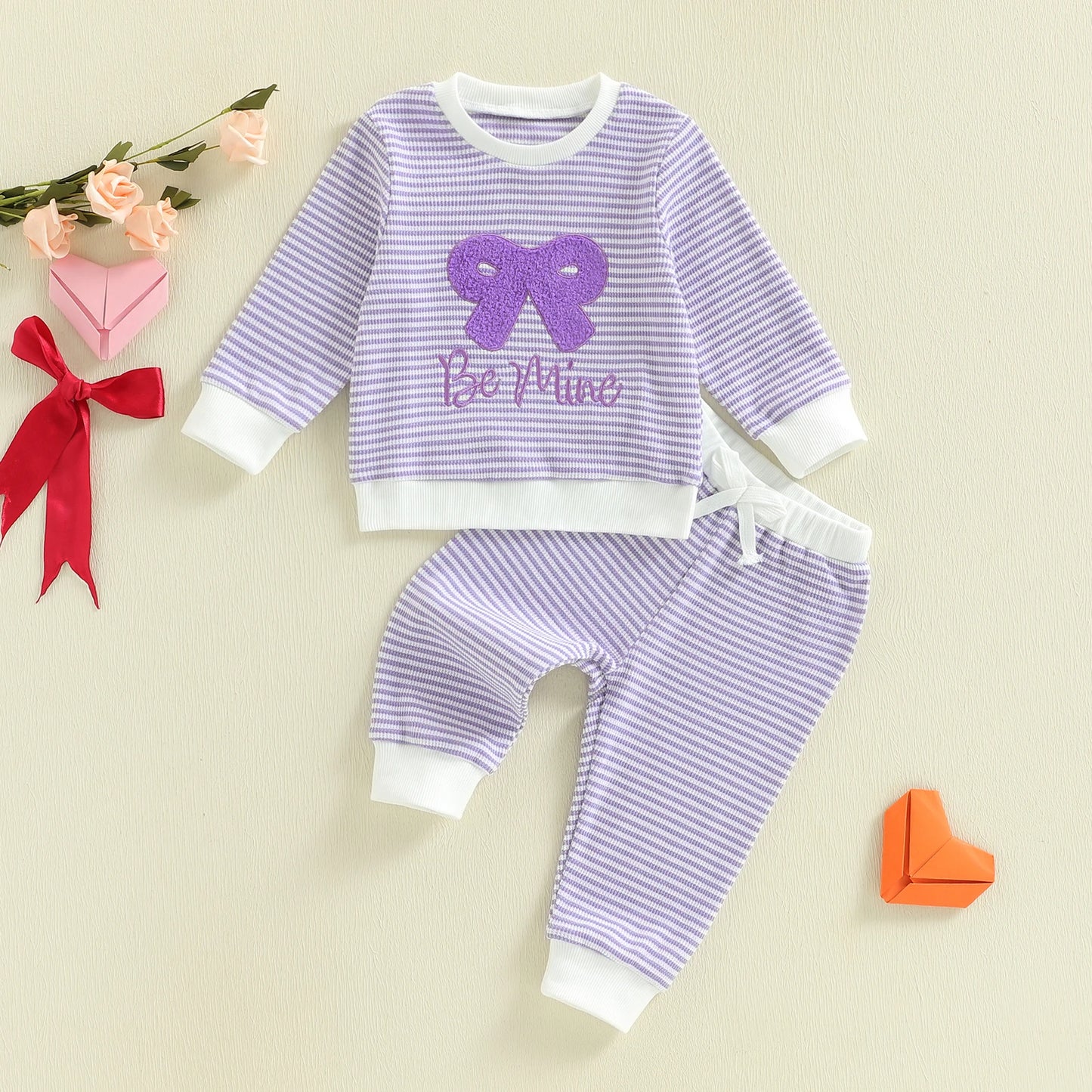 Baby Toddler Girl 2Pcs Valentine's Day Outfit Striped Bow Letter Be Mine / Love Embroidered Long Sleeve Top and Pants 2 Jogger Set