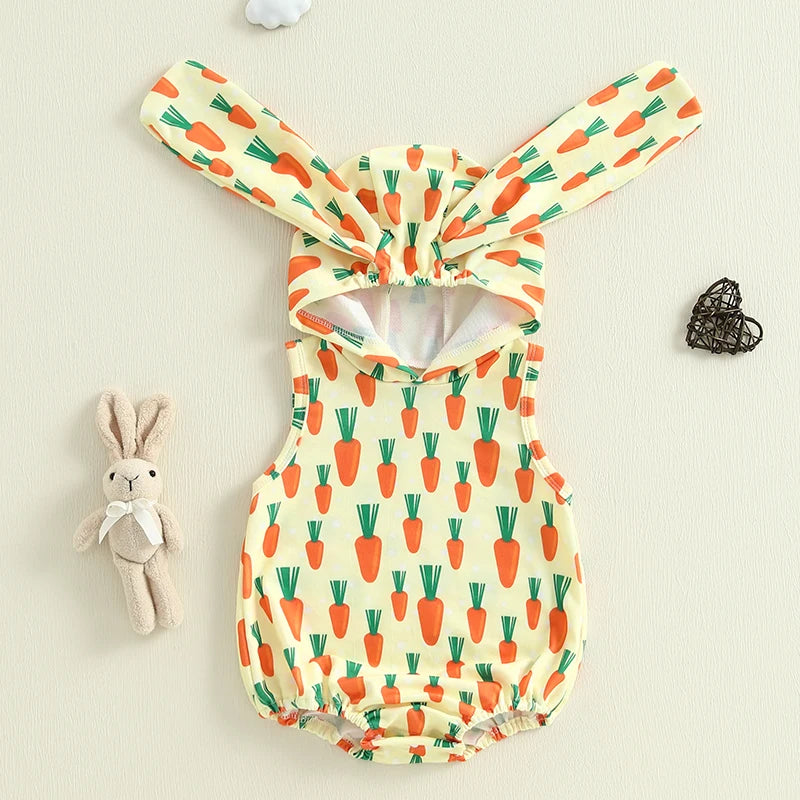 Baby Girls Boys Easter Romper Carrot / Bunny Print Sleeveless Tank Rabbit Ears Hooded Jumpsuit