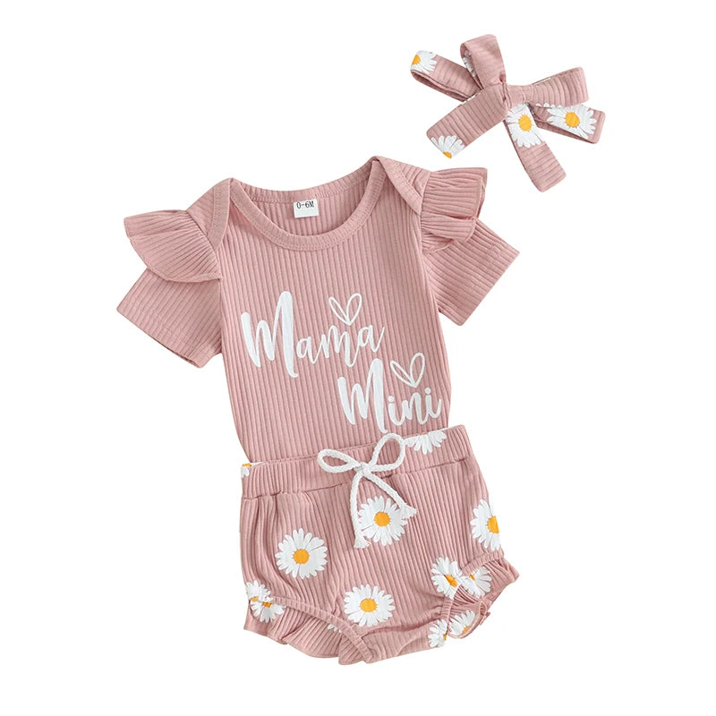 Baby Toddler Girls 3Pcs Outfits Mama's Mini Letter Print Short Sleeve Frilly Romper and Daisy Print Shorts Headband Set