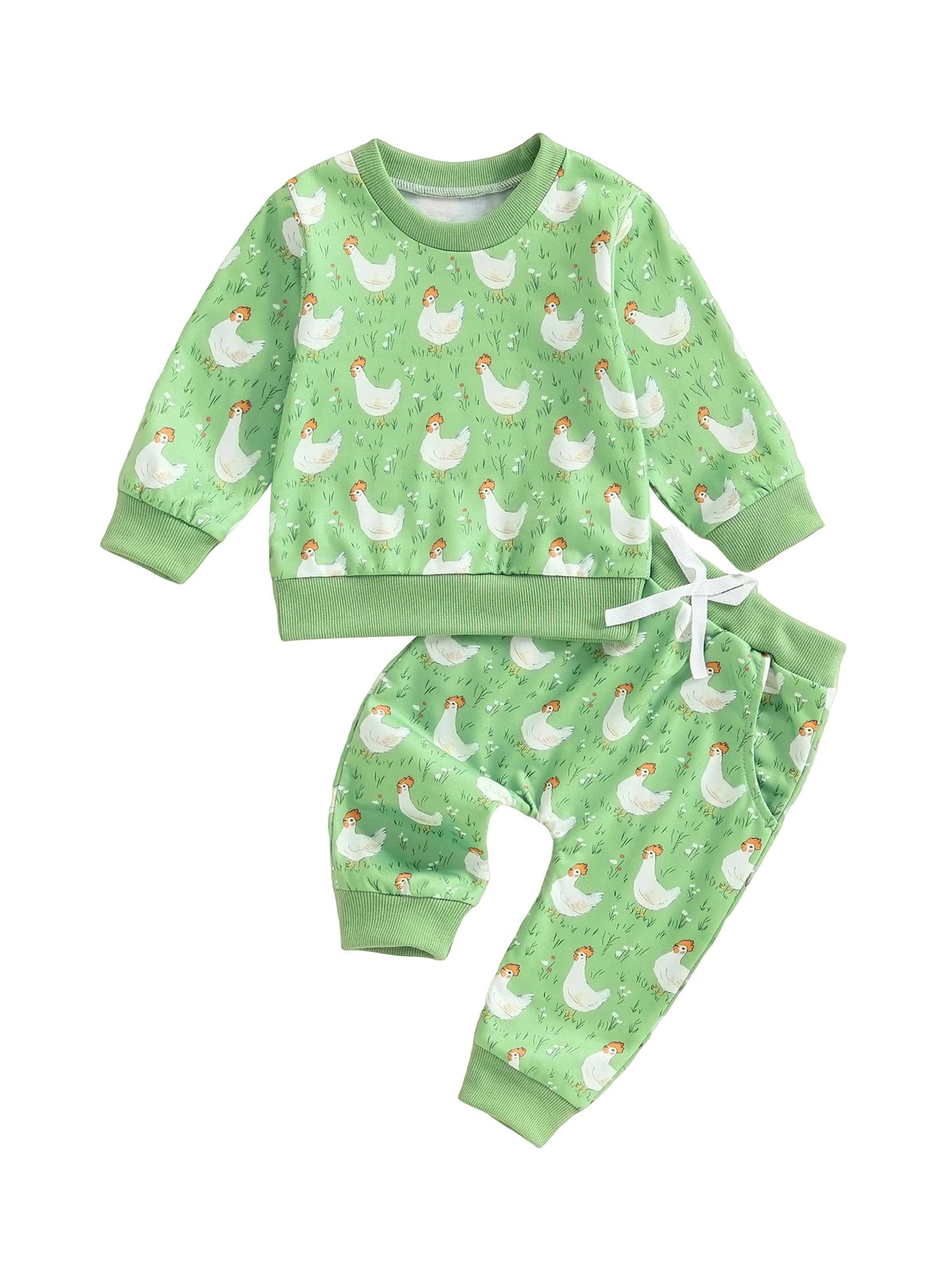 Baby Toddler Boys Girls 2Pcs Fall Outfit Long Sleeve Farm Chicken Print Top Jogger Pants Set