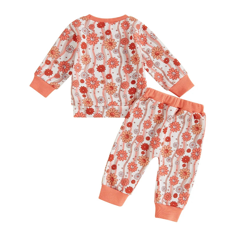 Baby Toddler Girls 2Pcs Long Sleeve O Neck Floral Flower Print Top Drawstring Pants Outfit Set