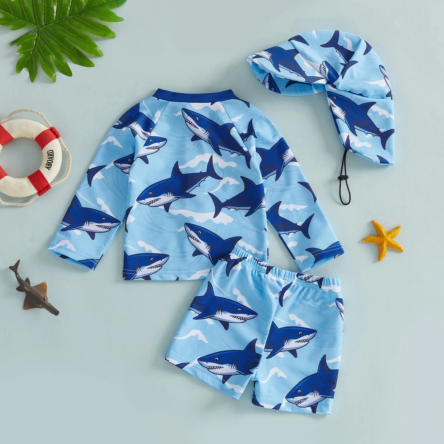 Baby Toddler Boys 3Pcs Rash Guard Swimsuit Print Zip Up Long Sleeve Swimwear Top Swim Shorts and Hat Set