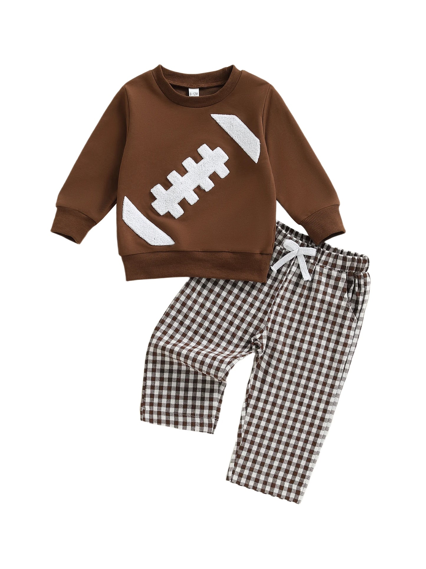 Baby Toddler Boys 2Pcs Fall Set Fashionable Long Sleeve Football Embroidery Pullover with Plaid Pants Outfits