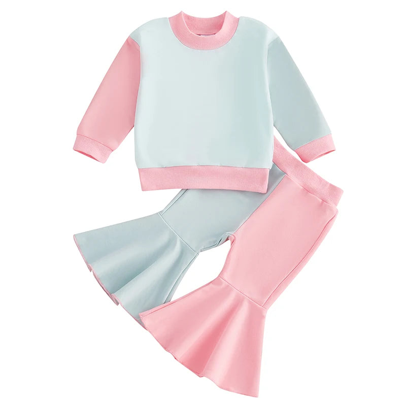 Baby Toddler Girls 2Pcs Fall Set Long Sleeve Crewneck Contrast Color Top Flared Pants Set Outfit