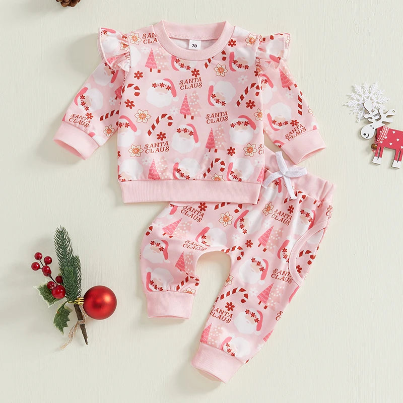 Baby Toddler Girls 2Pcs Pink Christmas Jogger Set All-over Santa Claus Print Ruffled Long Sleeve Top Long Pants Outfit