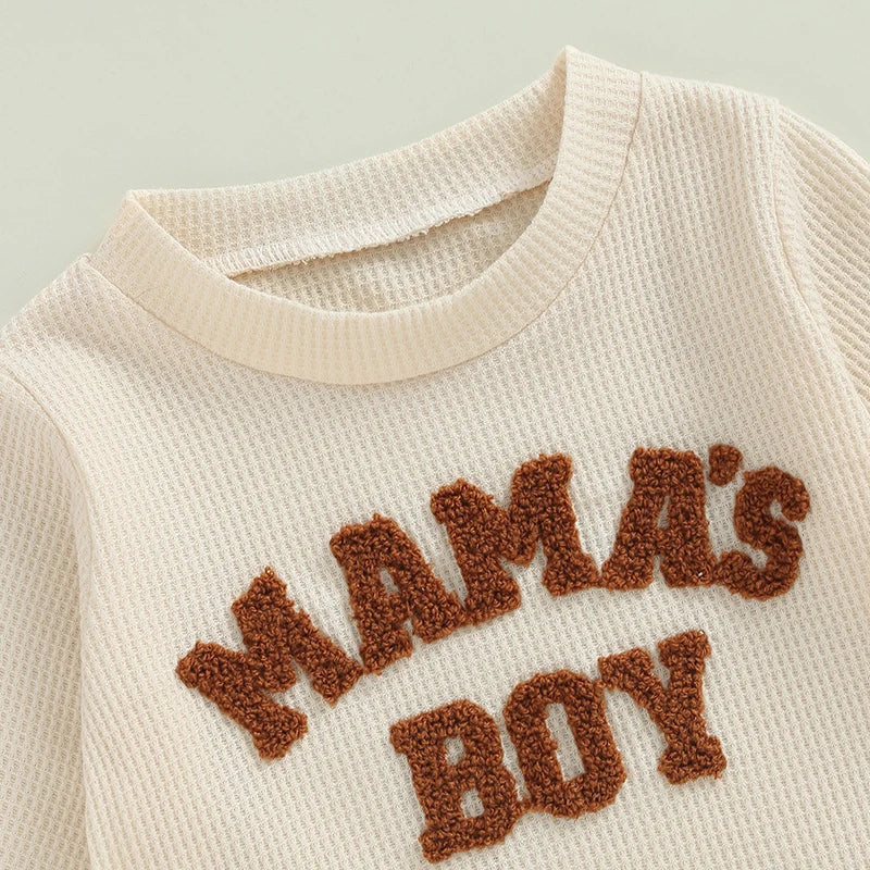 Baby Toddler Boys 2Pcs Mama's Boy Waffle Outfit Letter Embroidery Long Sleeve Top Elastic Waist Pants Set