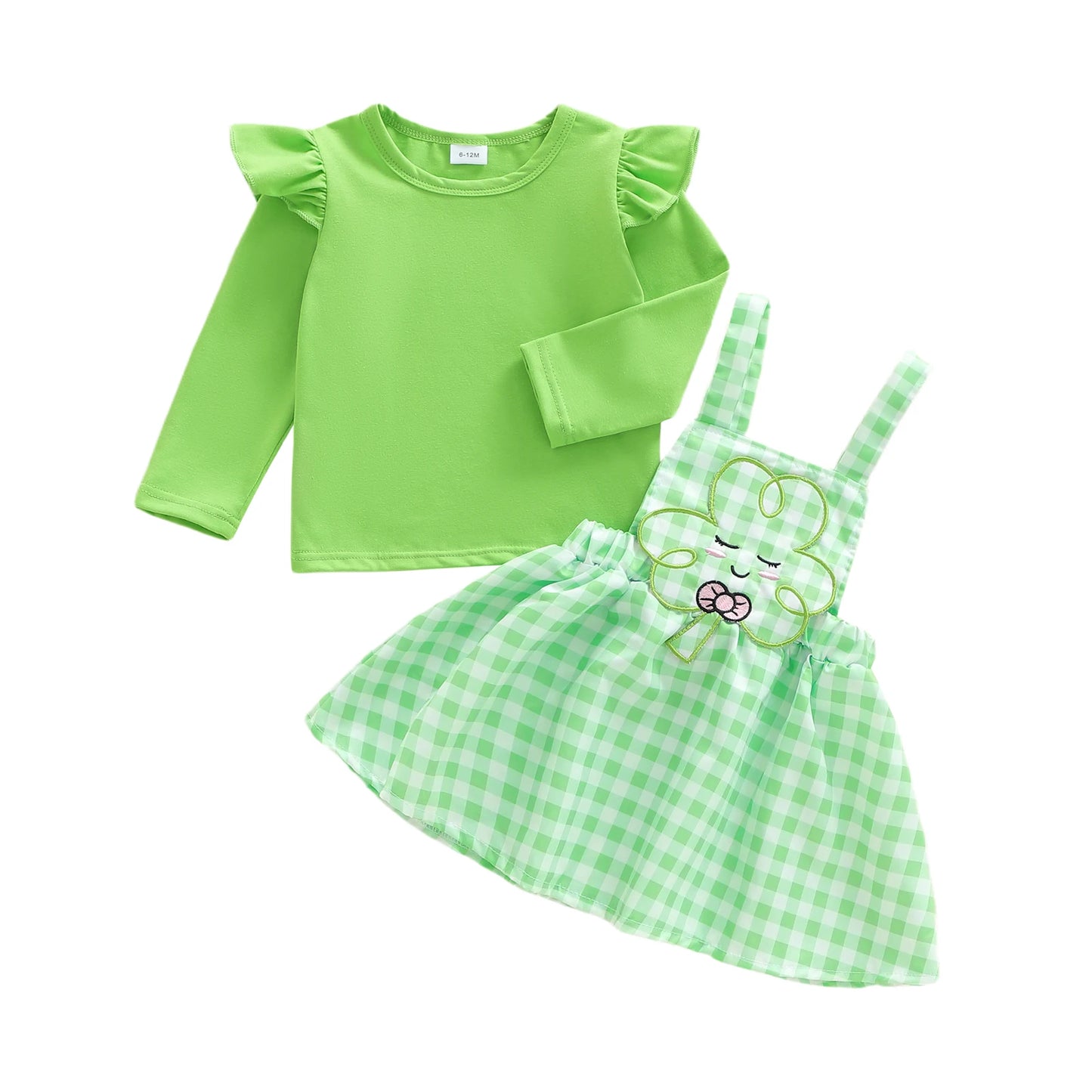 Baby Toddler Girls 2Pcs St. Patrick's Day Outfits Solid Color Long Sleeve Top Shamrock Embroidery Plaid Suspender Overalls Skirt Dress Two Piece Set