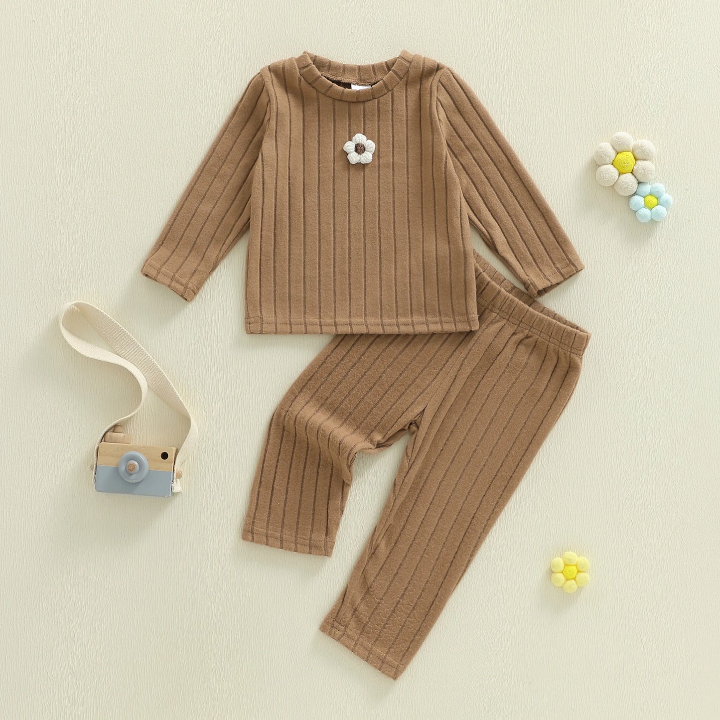Baby Toddler Girls 2Pcs Clothing Set Long Sleeve Flower Top with Solid Color Pants Outfit